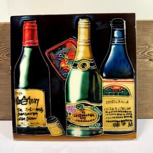 Hand Painted Wine Bottle Tile Art Tuscan Kitchen Decor Wall Hanging Rustic VTG